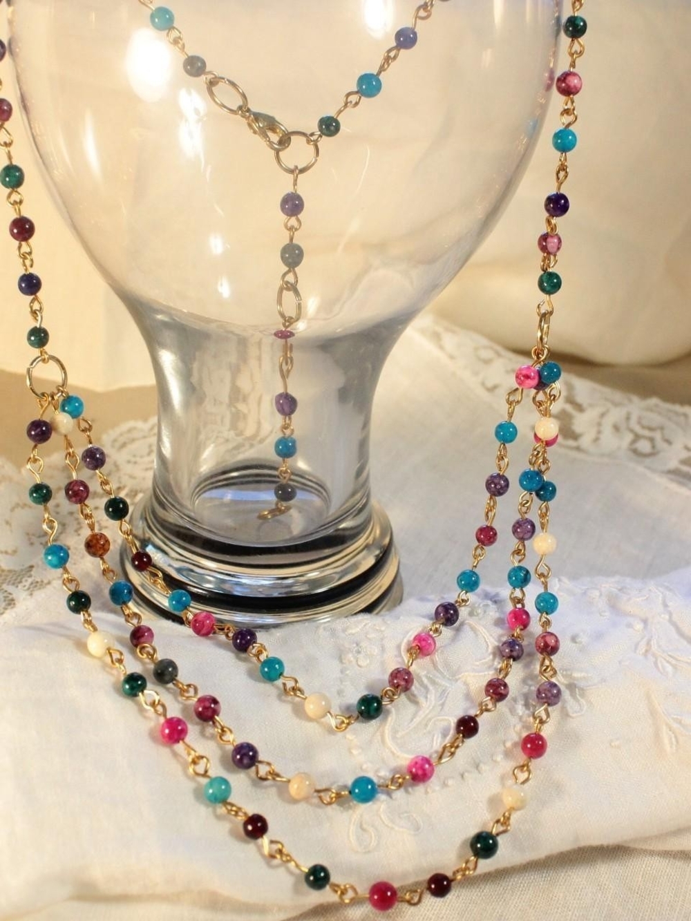 Multi-Color Beaded Gold-Chain Long Necklace - Handmade